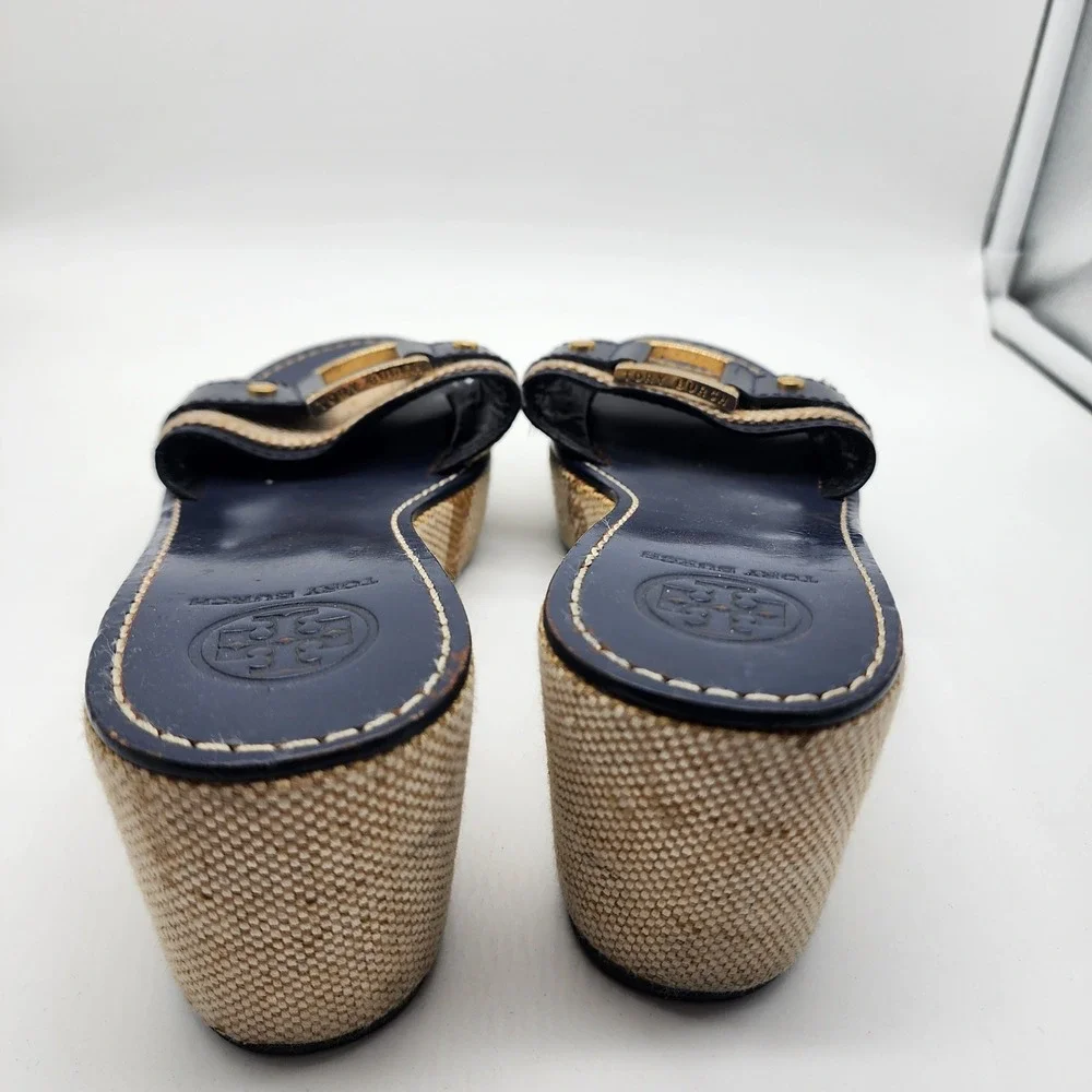 Tory Burch Wedge Slide Sandals Women 7M Navy Blue Leather Canvas Gold Hardware